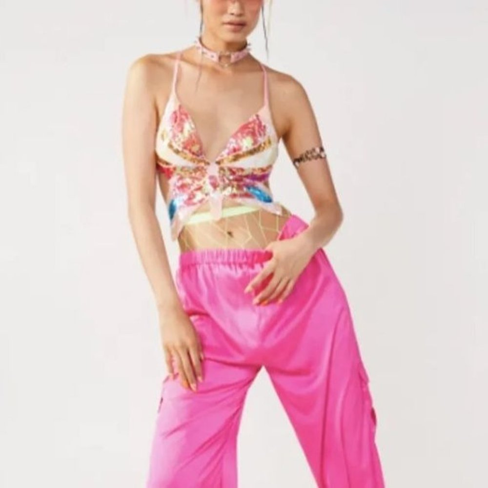NWT Y2K Butterfly Sequin Pink Crop Top Sexy Cami Self Tie Mariah Carey Backless - Picture 2 of 12